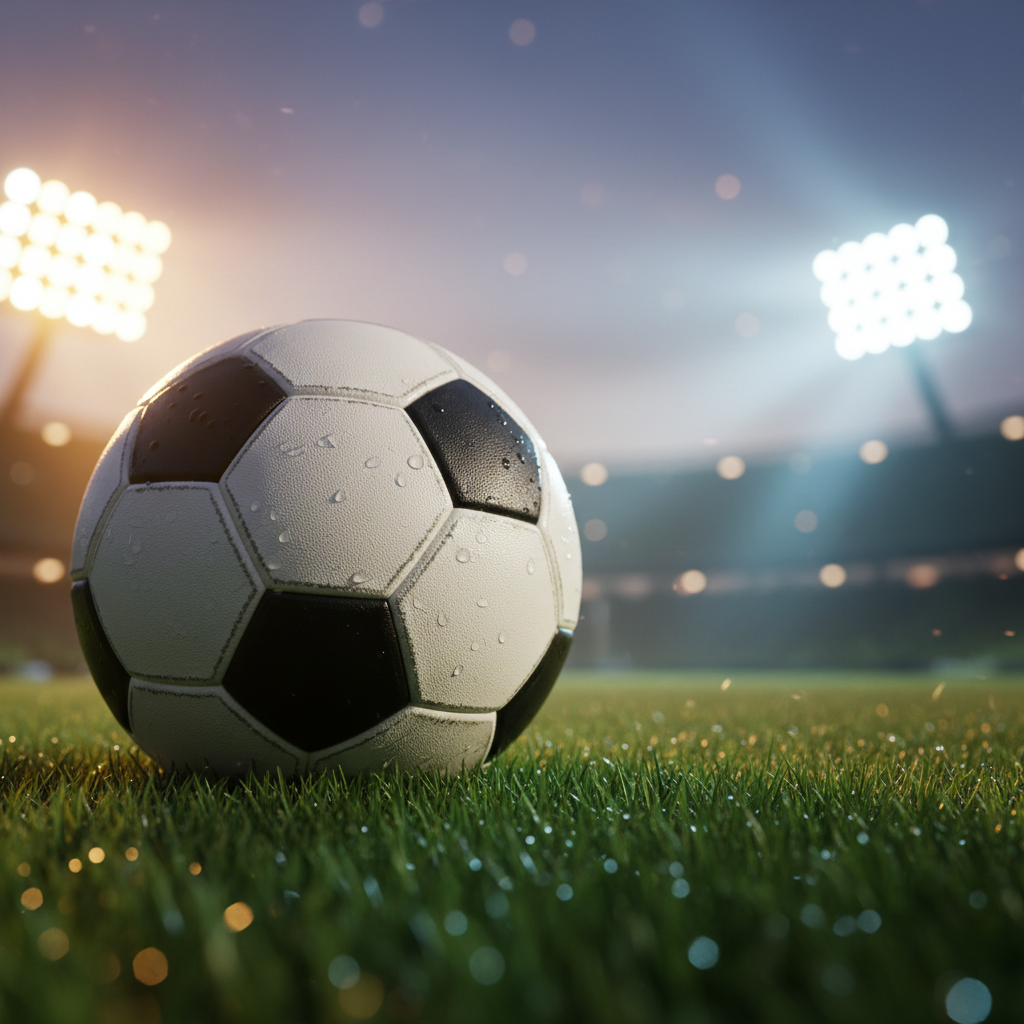 Klassischer Fußball auf dem Rasen im Stadion unter hellem Flutlicht