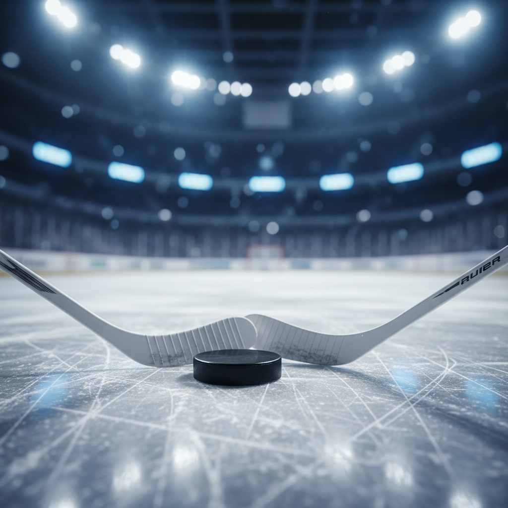 Professionelle Eishockey-Ausrüstung mit Puck und Schläger auf dem Eis.