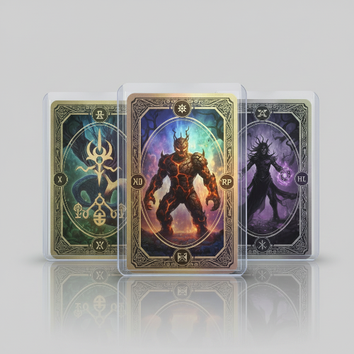 Stilisiertes Banner mit leuchtenden, holografischen Fantasy-Sammelkarten für die Kategorie Trading Card Games
