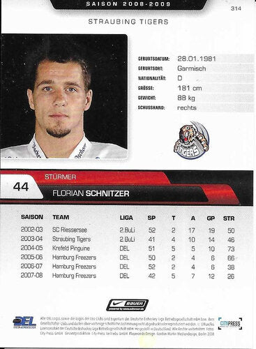 Florian Schnitzer Playerkarte 2008-09 Straubing Tigers #314