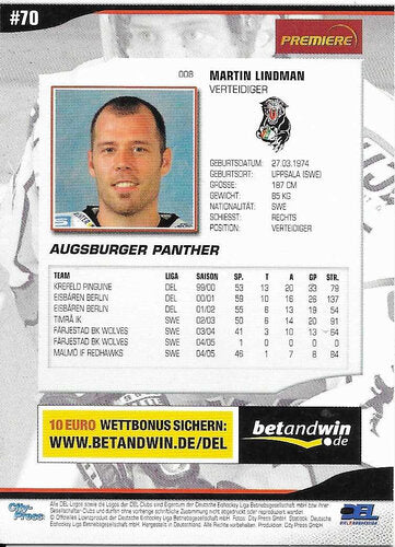 2005-06 DEL Playercards #8 Martin Lindman Augsburger Panther (Base Card)