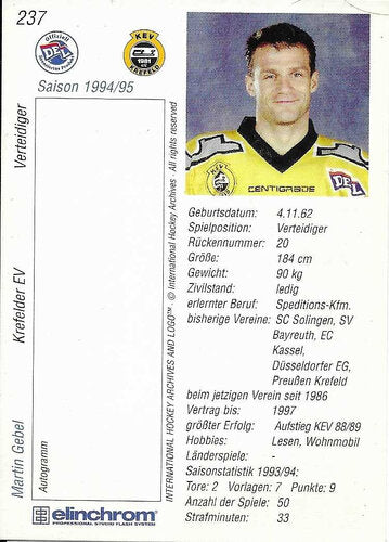 1994/1995 DEL Playercards #237 Martin Gebel Krefelder EV Base Card
