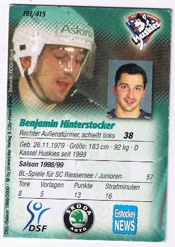 1999-2000 Powerplay DEL #191 Benjamin Hinterstocker Kassel Huskies (Base-Card)