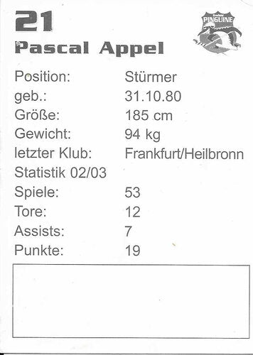 Autogrammkarte Krefeld Pinguine 2003/04 Pascal Appel 7x9,5 cm