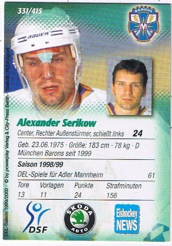 DEL Playerkarte 1999/2000 Alexander Serikov München Barrons Nr. 331