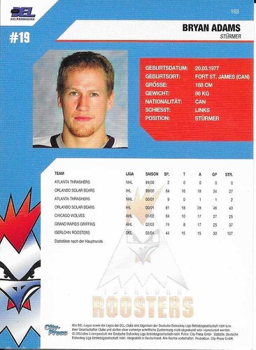 Playerkarte 2004/2005 #163 Bryan Adams Iserlohn Roosters