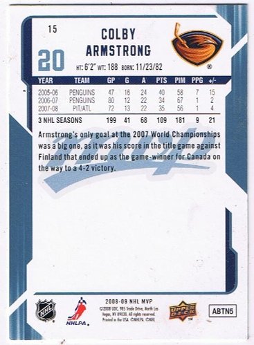 Colby Armstrong Playerkarte 2008/2009 – Upper Deck MVP #15 Thrashers