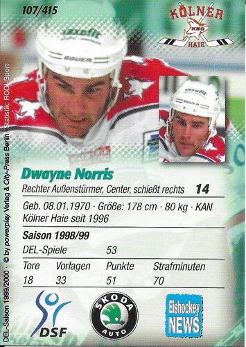 Playerkarte 1999/2000 #107 Dwayne Norris Kölner Haie