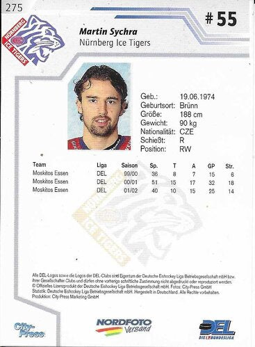 Playerkarte 2002/2003 #275 Martin Sychra Nürnberg Ice Tigers