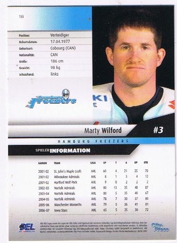 Playerkarte 2007/2008 – Marty Wilford – Hamburg Freezers – City Press