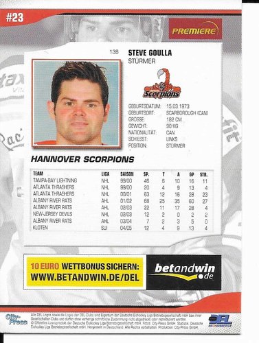 Playerkarte 2005/2006 #138 Steve Goulla Hannover Scorpions