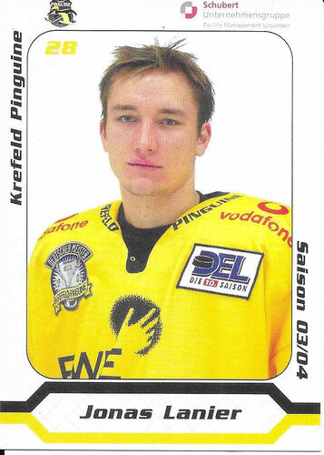 Autogrammkarte Krefeld Pinguine 2003/04 Jonas Lanier 7x9,5 cm