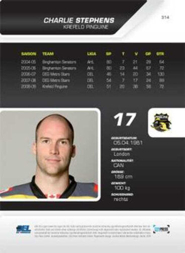 2009-10 Playercards DEL #314 Charlie Stephens Krefeld Pinguine