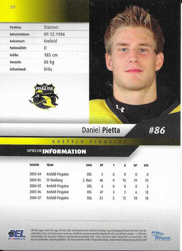 Playerkarte 2007/2008 #217 – Daniel Pietta – Krefeld Pinguine – DEL Nachwuchsstar