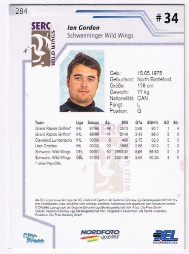 Playerkarte Ian Gordon – Schwenninger Wild Wings 2002/2003 – City Press