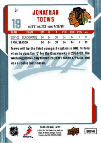 2008-09 Upper Deck MVP #61 Jonathan Toews Chicago Blackhawks