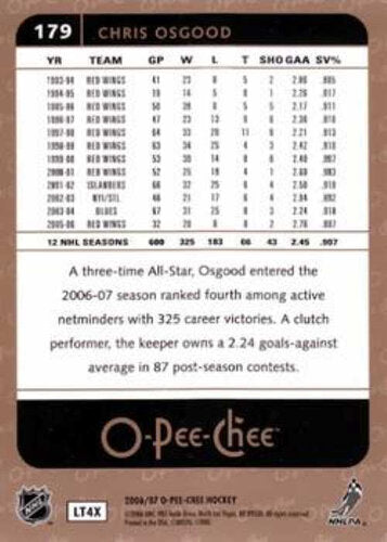2006-07 O-Pee-Chee #179 Chris Osgood Detroit Red Wings Card