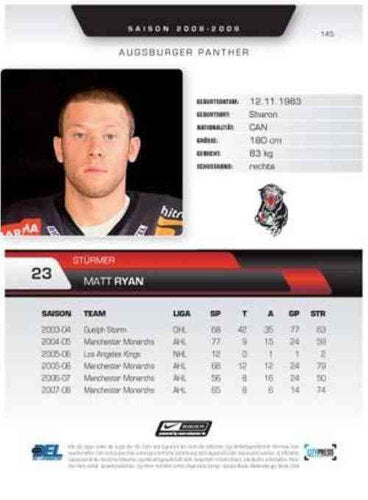2008/2009 City-Press #145 Matt Ryan – Augsburger Panther (Base Card)