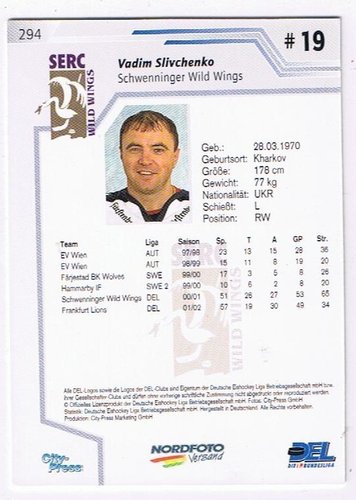 Playerkarte 2002/2003 #294 Vadim Slivchenko Schwenninger Wild Wings