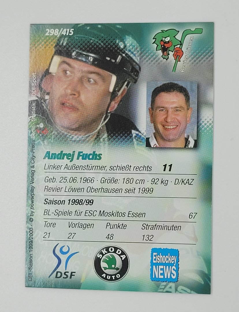 1999/2000 Powerplay #298 Andrej Fuchs – Revier Löwen Oberhausen (Base Card)