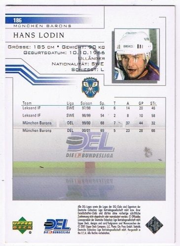 DEL Playerkarte 2001/2002  #186 Hans Lodin München Barons