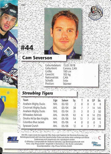 DEL 2006/07 #180 Cam Severson Straubing Tigers