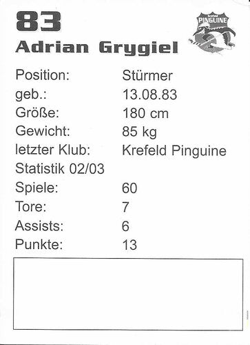 Autogrammkarte Adrian Grygiel Krefeld Pinguine Saison 2003/2004 7x9,5 cm