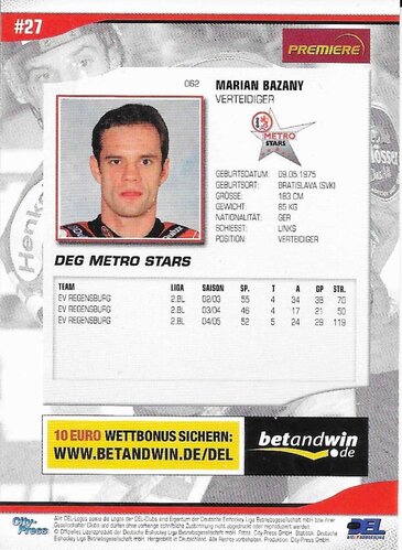 DEL Playerkarte 2005/06 Marian Bazany DEG Metro Strars