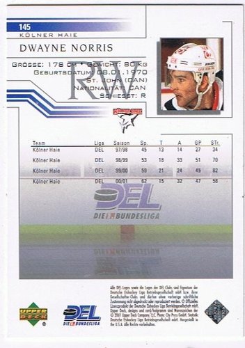 DEL Playerkarte 145 Dwayne Norris Kölner Haie Upper Deck 2001/2002