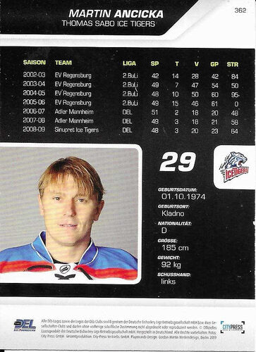 DEL Playerkarte Saison 2009/2010 – Martin Ancicka – Thomas Sabo Ice Tigers – City Press – Nr. 362