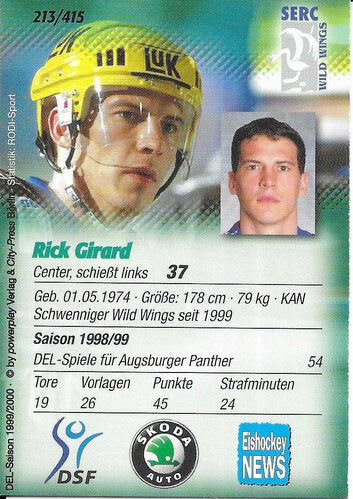 DEL Playerkarte Saison 1999/2000 Rick Girard – Schwenninger Wild Wings – Powerplay – Nr. 213
