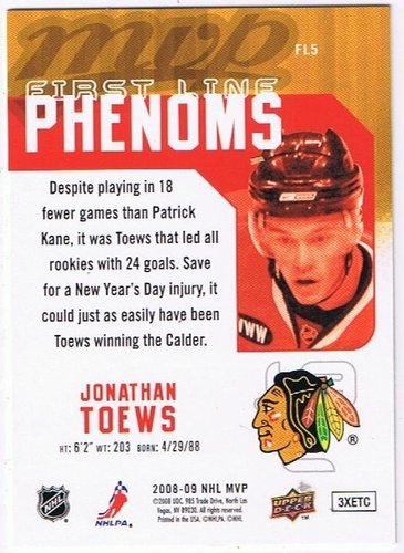 2008-03 Upper Deck MVP #FL5 Jonathan Toews Chicago Blackhawks (Insert Card)