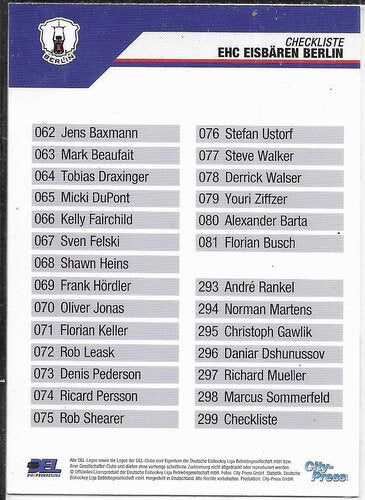 2004/05 Playercards #299 Eisbären Berlin CL Checkliste