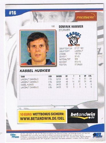 DEL Playerkarte 2005/06 – Dominik Hammer, Kassel Huskies (Karte 186, City Press)