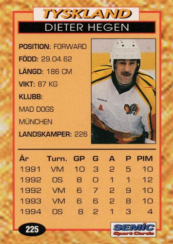 Dieter Hegen Playerkarte 1995 Semic Globe VM #225 Deutsche Nationalmannschaft