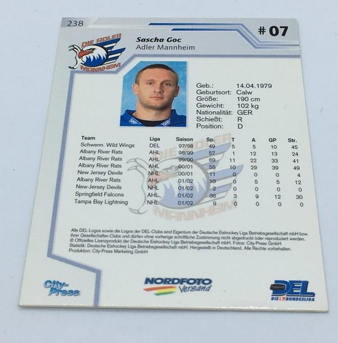 Sascha Goc 2002/2003 City Press #238 Adler Mannheim Playerkarte