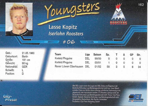 DEL Playerkarte 2002/2003 #162 – Lasse Kopitz – Iserlohn Roosters (City-Press – Youngsters)