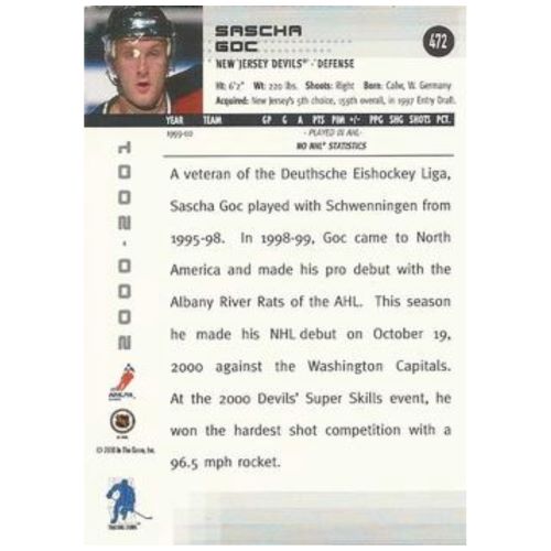 Rückseite der Eishockey-Sammelkarte von Sascha Goc #472 mit englischem Biografie-Text und NHL-Statistiken.