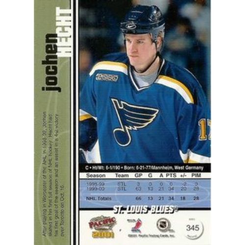 Rückseite der Pacific Eishockey-Sammelkarte von Jochen Hecht #345 mit zweisprachigen Spielerstatistiken und NHL-Logos.
