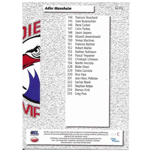 Rückseite der Eishockey-Sammelkarte Checkliste aus der Saison 2006/2007 mit gedruckter Spielerliste der Adler Mannheim und dem DEL Logo.