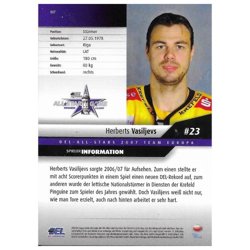Rückseite der Eishockey-Sammelkarte von Herberts Vasiljevs aus der Saison 2007/2008 mit Spielerinformationen, Text-Steckbrief und DEL-All-Stars 2007 Team Europa Logo