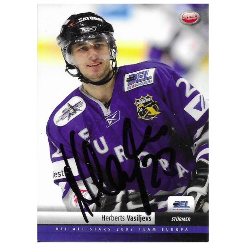 Eishockey-Sammelkarte von Stürmer Herberts Vasiljevs im Trikot der Krefeld Pinguine aus der Saison 2007/2008 mit originaler Autogramm-Signatur, Sonderausgabe Team Europa
