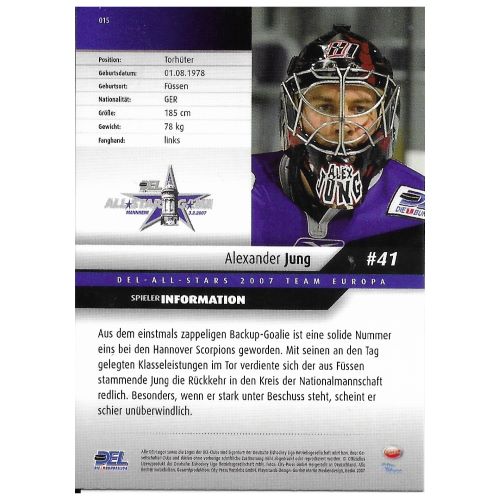 Eishockey Sammelkarte DEL 2007/2008 Nummer 015 Alexander Jung Hannover Scorpions Team Europa Rückseite mit Spielerinformationen
