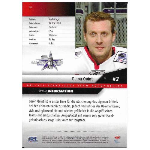 Rückseite der Eishockey-Sammelkarte von Deron Quint aus der Saison 2007/2008 mit Spielerinformationen, Steckbrief und DEL-All-Stars Team Nordamerika Logo