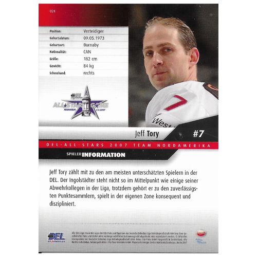 • Rückseite der Eishockey-Sammelkarte von Jeff Tory aus der Saison 2007/2008 mit Spielerinformationen, Text-Steckbrief und DEL All Stars 2007 Team Nordamerika Logo
