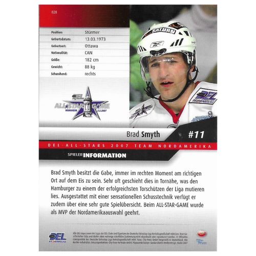 Rückseite der Eishockey-Sammelkarte von Brad Smyth aus der Saison 2007/2008 mit Spielerinformationen, Text-Steckbrief und DEL-All-Stars Team Nordamerika Logo
