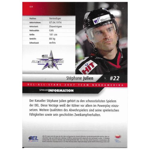 Rückseite der Eishockey-Sammelkarte von Stephane Julien aus der Saison 2007/2008 mit Spielerinformationen, Text-Steckbrief und DEL-All-Stars Team Nordamerika Logo
