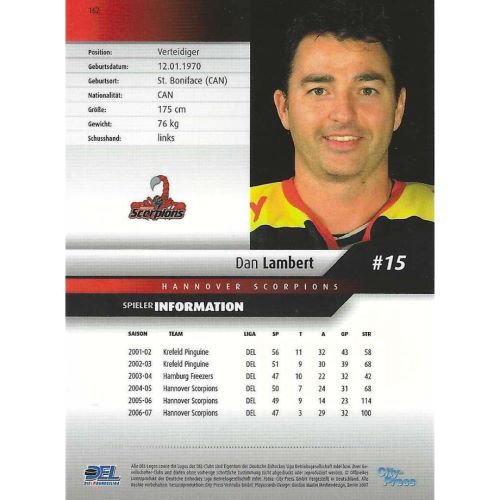 Eishockey Sammelkarte DEL 2007/2008 Nummer 162 Dan Lambert Hannover Scorpions Base Card Rückseite mit Spielerinformationen
