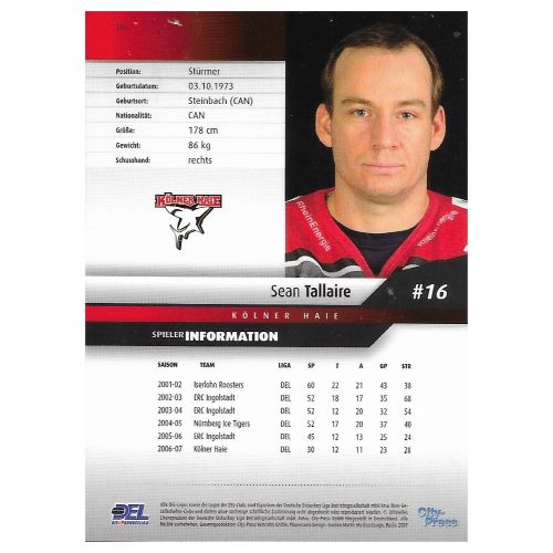 • Eishockey Sammelkarte DEL 2007/2008 Nummer 205 Sean Tallaire Kölner Haie Base Card Rückseite mit Spielerinformationen
