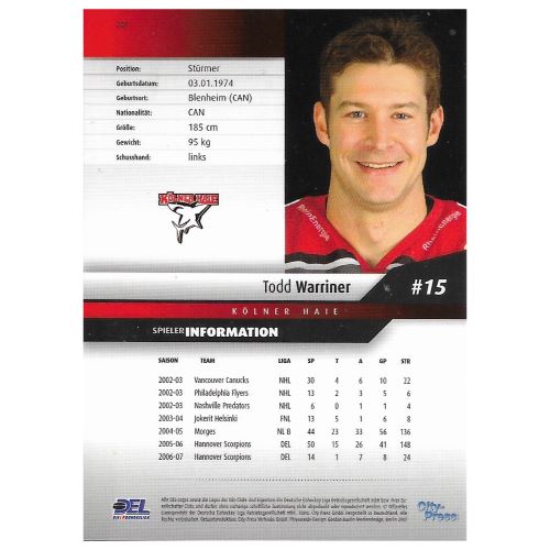 Eishockey Sammelkarte DEL 2007/2008 Nummer 207 Todd Warriner Kölner Haie Base Card Rückseite mit Spielerinformationen